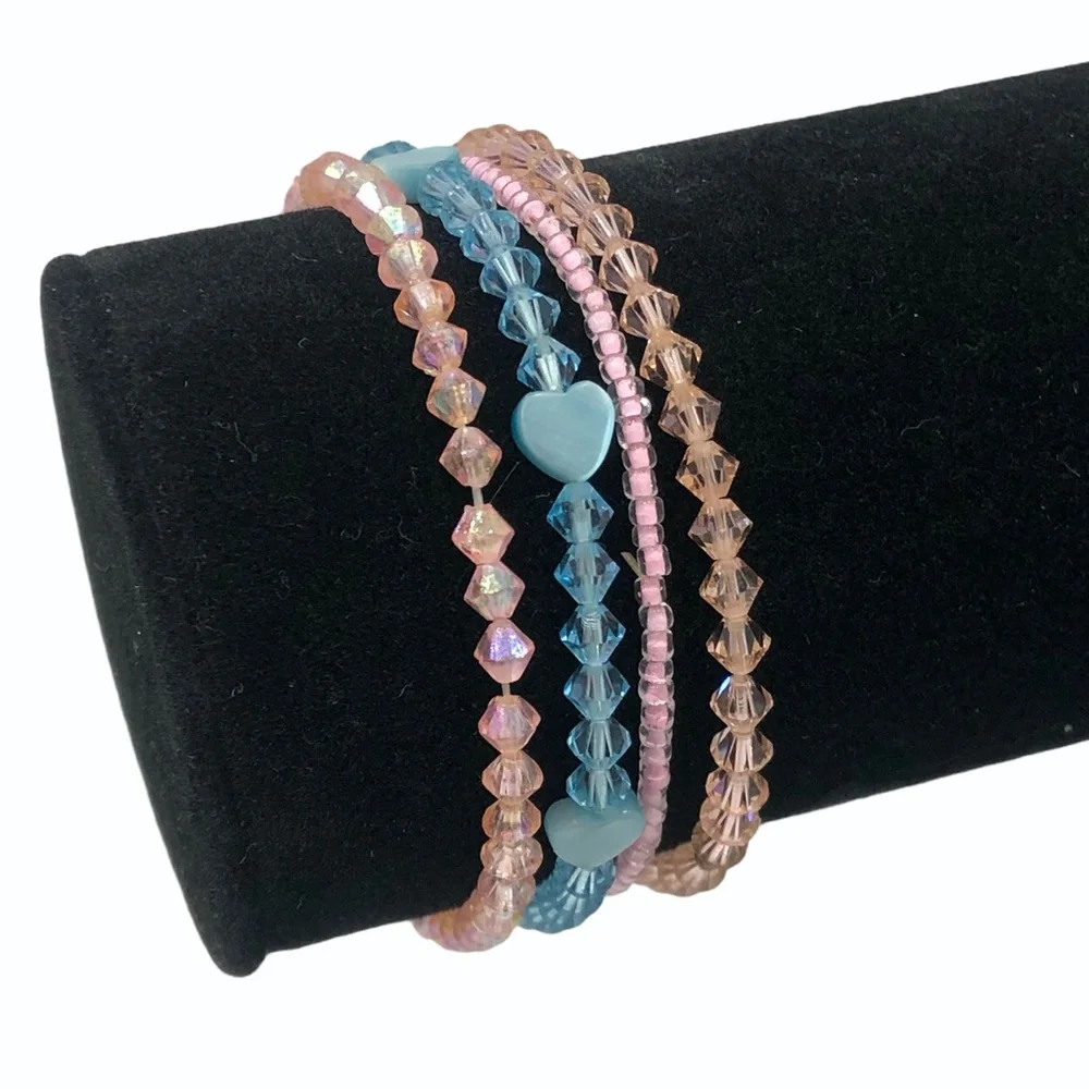 CRYSTAL STRETCH BRACELETS - PINK, PEACH, & BLUE - SET OF 4